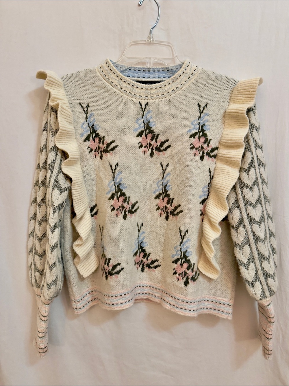CIDER Floral Ruffle Plaid Sleeve Knit Sweater Cream Blue Size L